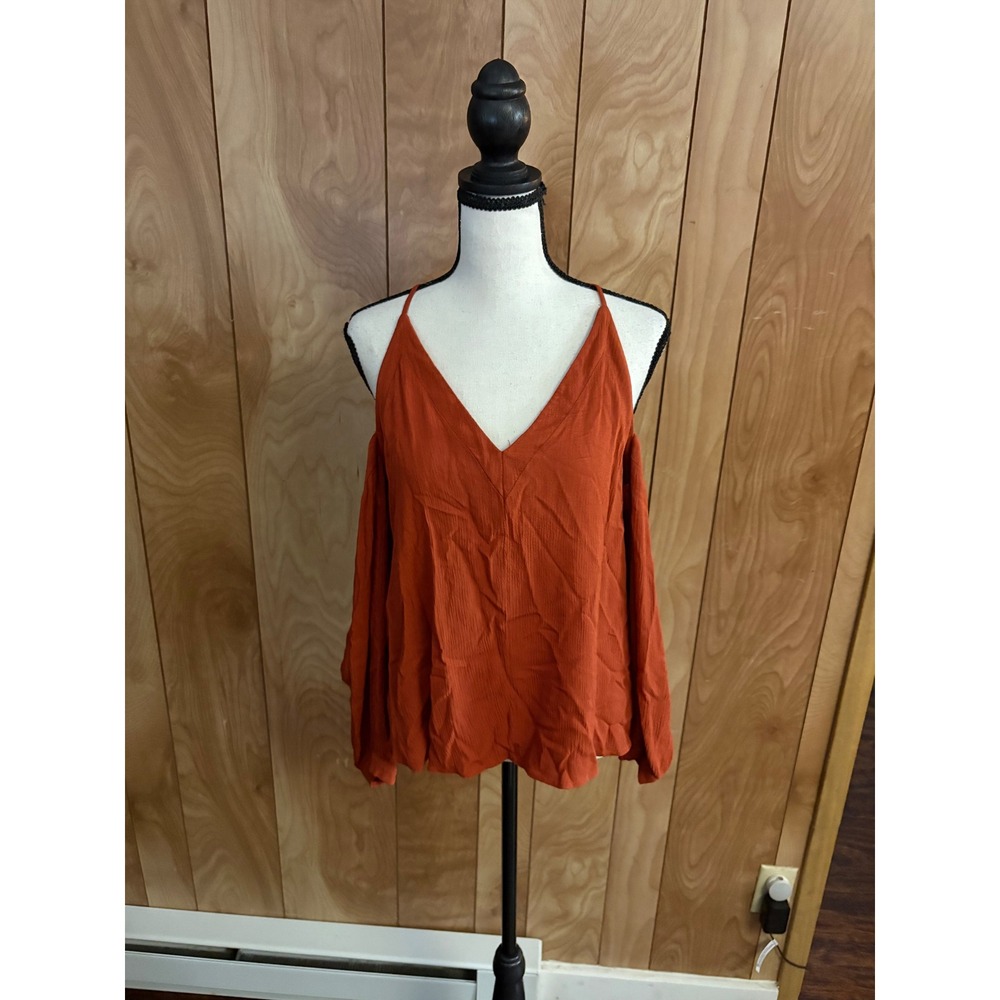 ASOS Women Rust Orange Cold Shoulder V-Neck Blouse Long Sleeve Size US 2